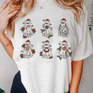 Harajuku Versatile Printed O-Neck Women's New Year's Fashion Shirt T-Shirt Casual Christmas Clothing Cute Ghost Pattern T-Shirt