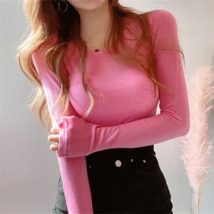 O Neck Thin T Shirt Women Elastic Basic T-shirts Female Casual Tops Autumn Long Sleeve Womens Clothing Slim Tshirt Ropa Mujer